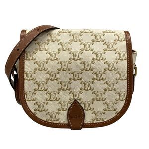 Celine Falco Medium Bag / Trionf Canvas Shoulder Bag Cream Beige Brown Triomphe
